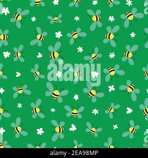 Motivo senza cuciture con api e fiori su sfondo verde. Adorabili personaggi wasp cartoon. Modello di disegno per invito, schede, tessuto, tessuto Illustrazione Vettoriale