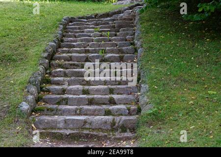 Scala di gradini in pietra che porta verso l'alto su uno sfondo di erba verde. Foto Stock