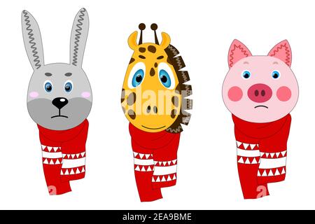 Set con il viso colorato cute animale in una sciarpa invernale. Lepre, giraffa, maiale. Oggetti isolati. Illustrazione piatta dei cartoni animati. Icona modello, adesivo. Illustrazione Vettoriale