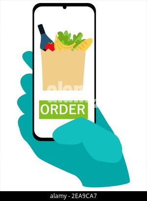 una mano in un guanto protettivo può contenere uno smartphone e ordinare cibo nell'app. concetto di consegna e shopping senza contatto sicuro. stile piatto Illustrazione Vettoriale