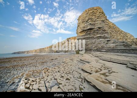 Scogliera di "Sphinx Rock" a Nash Point con strati di rocce calcaree e fangose e pavimentazione con taglio a onda, Glamorgan Heritage Coast, Galles, Regno Unito. Foto Stock