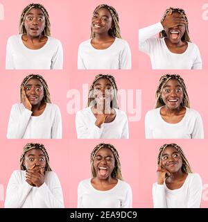 Collage a mosaico di donna nera che esprime diverse emozioni Foto Stock
