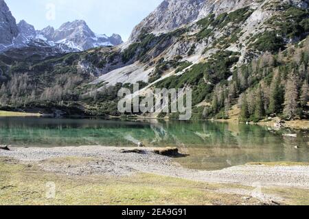 Austria, Tirolo, Ehrwald, Seebensee, Zugspitze, specchio, superficie d'acqua, massiccio dello Zugspitz, lago, lago di montagna, montagne, alpi, montagne Wetterstein, paesaggio montano, paesaggio montano, idillio, massiccio montano, massiccio montano, cielo, roccia, lago di montagna, acqua, turismo, tardo autunno, natura, Foto Stock