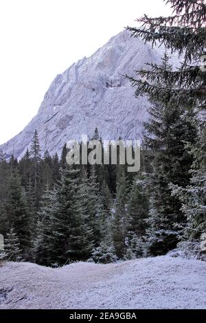 Austria, Tirolo, Leutasch, Leutaschtal, Gaistal, montagne, alpi, Monti Wetterstein, paesaggio montano, paesaggio montano, idillio, atmosfera, brina, cielo, rocce, turismo, fine autunno, natura, alberi Foto Stock