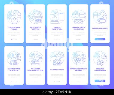 Riduzione dei rifiuti organici durante l'onboarding della pagina dell'app mobile con i concetti impostazione Illustrazione Vettoriale