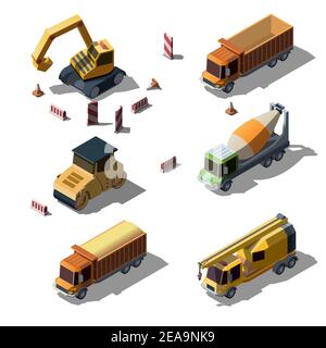 Set di attrezzature per il settore edile come rulli stradali, dumper, escavatori cingolati, asfaltatrice, gru mobile, betoniera e segnaletica stradale, cono. Macchine diverse, stile isometrico. Illustrazione Vettoriale