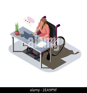 Donna con disabilità alla scrivania che lavora su un computer. Signora non valida con lesioni in una sedia a rotelle che lavora o comunica online. Carattere handicappato sul posto di lavoro, illustrazione isometrica. Illustrazione Vettoriale