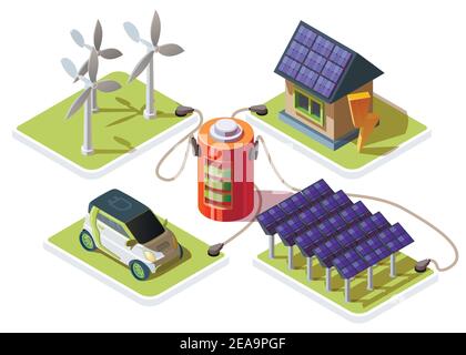 L'auto elettrica 3d isometrica e la casa intelligente sono collegate a una batteria che si ricarica tramite cavi di alimentazione da fonti di energia rinnovabili come mulini a vento e pannelli solari. Concetto di fonte energetica alternativa Illustrazione Vettoriale