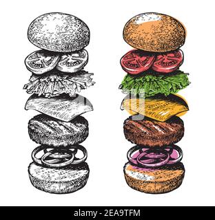 Burger ingredienti schizzo. Illustrazione del vettore alimentare disegnato a mano Illustrazione Vettoriale