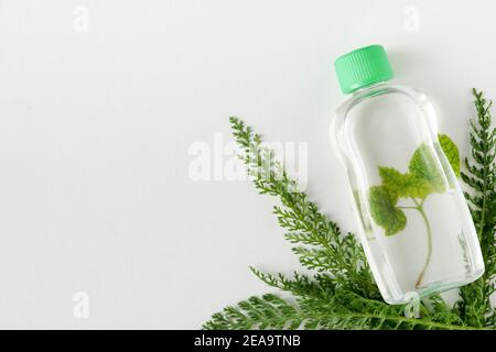 acqua di pulizia tonica o micellare con erbe fresche su sfondo bianco con spazio di copia, vista dall'alto. Concetto di bellezza, pelle, capelli o cura del corpo Foto Stock