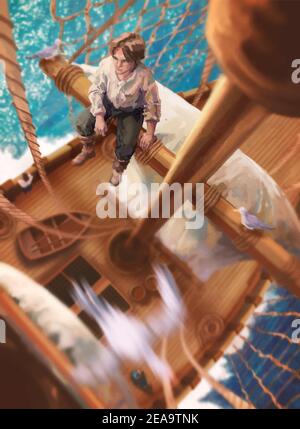 Ragazzo romantico seduto su una cima della nave Illustrazione Vettoriale