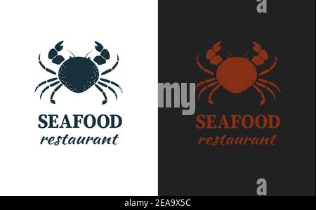 Vettore di logotipo di pesce per pesce e negozio di frutti di mare, ristorante, mercato, caffè, bar grill, pubblicità di pesca. Stemma con silhouette di granchio. Vettore monocromatico Illustrazione Vettoriale