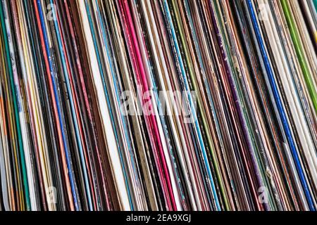 Primo piano della raccolta di dischi in vinile Foto Stock