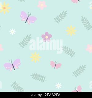 Motivo floreale senza cuciture, semplice ornamento di fiori bianchi margherita, farfalle in ordine casuale sullo sfondo verde chiaro, ripetizione illustrazione vettoriale Illustrazione Vettoriale