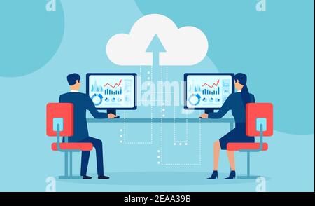 Vettore di persone aziendali che lavorano su computer che utilizzano il servizio cloud Illustrazione Vettoriale