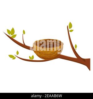 Nido d'uccello vuoto da ramoscelli su ramo d'albero con foglie isolate su sfondo bianco. Primavera, clipart vettoriale, costruzione di legno marrone, casa da Illustrazione Vettoriale