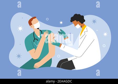 Vaccino Covid-19, medico che inietta un paziente, medico che indossa una maschera protettiva che dà un vaccino sparato nel braccio, iniezione muscolare. Coronavirus Illustrazione Vettoriale