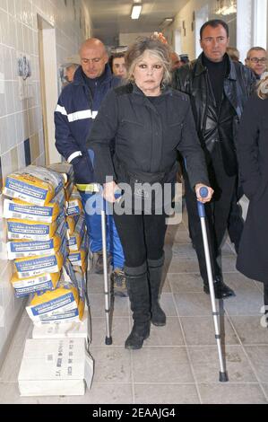 La leggenda del cinema francese Brigitte Bardot, ora feroce difensore degli animali, visita un centro di protezione degli animali a Nizza, nel sud della Francia, il 28 dicembre 2005, dove furono portati cani ungheresi trovati su camion illegali. I 146 giovani cani sono stati scoperti dalla polizia francese durante un controllo di pattuglia su misura nelle Alpi Marittime mentre esportati dall'Ungheria alla Spagna su traffico illegale. Foto di ABACAPRESS.COM Foto Stock