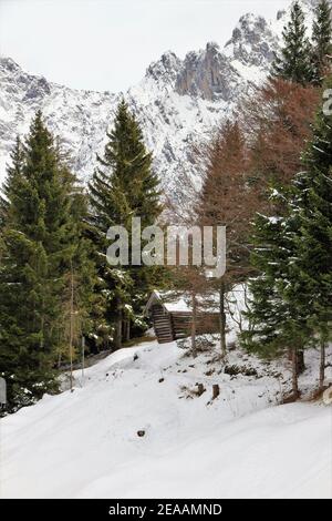 Escursione invernale al lago Wildensee vicino a Mittenwald, Werdenfelser Land, alta Baviera, Baviera, Germania meridionale, Germania, Europa Foto Stock