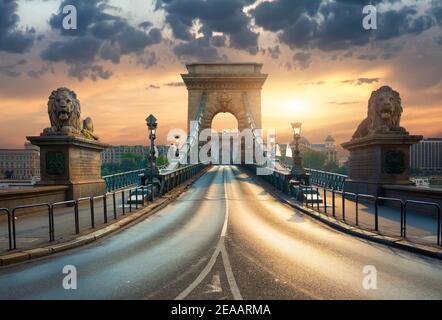 Statue di leoni sul Ponte delle catene a Budapest presso sunrise, Ungheria Foto Stock