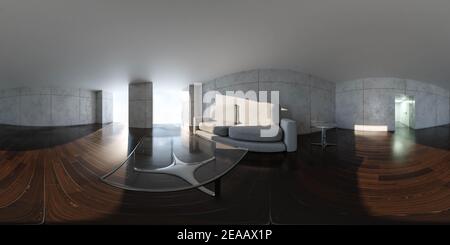 360 veduta panoramica sferica di un grande appartamento mansardato in stile industriale rappresentazione 3d con il design dell'architettura industriale moderna hdri vr stile Foto Stock