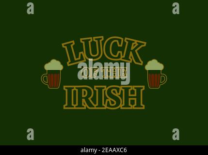 Icona sul tema del giorno di San Patrizio, l'iscrizione Irish Luck con due icone di tazze di birra. Stile vintage Illustrazione Vettoriale