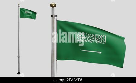 Regno Arabia Saudita bandiera che sventola nel vento. Primo piano di KSA banner soffiante, seta morbida e liscia. Tessuto tessuto tessuto tessitura segno sfondo. Usalo per Foto Stock