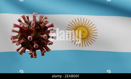 Bandiera argentina sventata e Coronavirus 2019 nCov Concept. Focolaio asiatico in Argentina, coronavirus influenza come casi di ceppo influenzale pericoloso come una padella Foto Stock