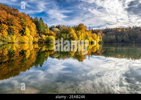 Umore autunnale all'Haarsee, vicino a Weilheim, Pfaffenwinkel, Foreland Alpina, alta Baviera, Baviera, Germania, Europa Foto Stock