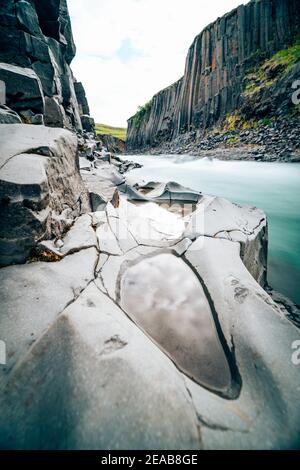 Islanda, Norðurland eystra, Stuðlagil, acqua, cascata, fiume, Canyon, Fiori, Moss Foto Stock