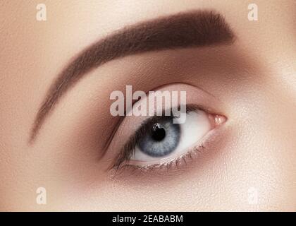 Bella macro shot di occhio femminile con classico trucco fumoso. Perfetta forma di sopracciglia, sopracciglia marroni e ciglia lunghe. Cosmetici e trucco. C Foto Stock