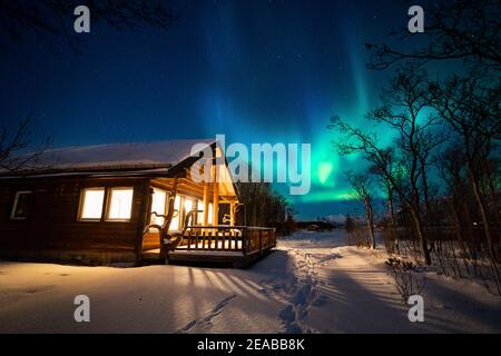 Norway, Nord-Norge, Storlett, Inverno, legno, cabina, luce, Notte, Aurora, aurora boreale, neve Foto Stock