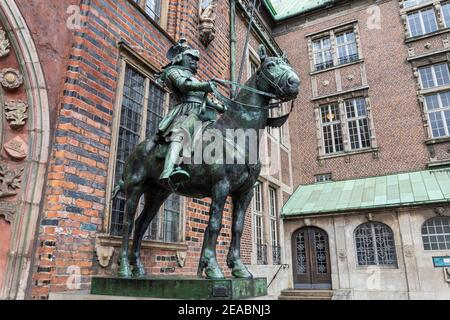Antico municipio, portale est, dettaglio, uno dei due cavalieri corazzati a cavallo, Herolde, dello scultore Rudolf Maison, Brema, Foto Stock