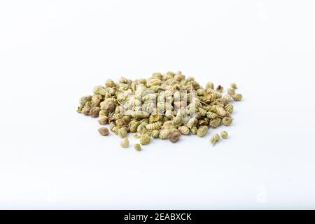 Cumulo di semi di timo secchi. Isolato su sfondo bianco. Foto Stock
