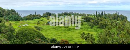 Seaside Village - Panorama di un villaggio tropicale sul mare nella Penisola di Keanae di Maui, come visto da Road to Hana Highway, in un giorno nuvoloso, Hawaii, Stati Uniti. Foto Stock