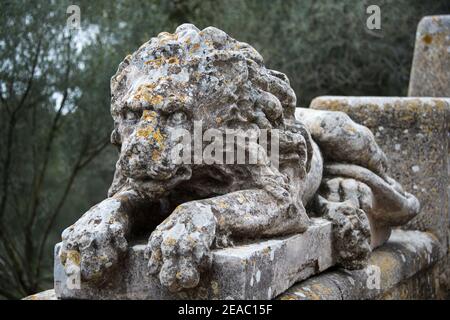 Leone di pietra, Santuari de Sant Salvador, Maiorca Foto Stock