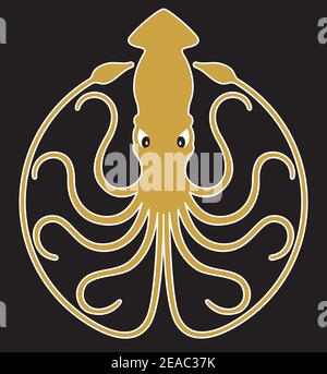 Logo, logo o emblema Squid gigante. Illustrazione vettoriale con 10 tentacoli arricciati che creano un design circolare. Illustrazione Vettoriale