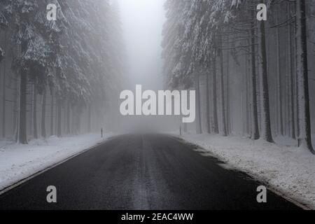 Strada di campagna e foresta invernale vicino a Weiskirchen, Hochwald, Hunsrück, Saarland, Germania Foto Stock