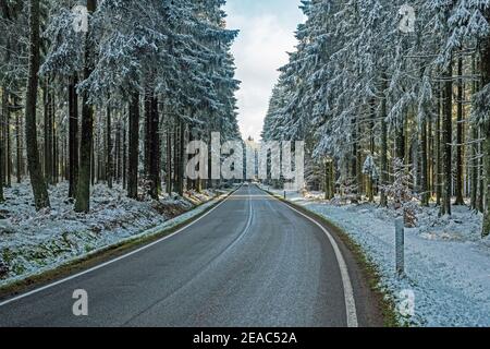 Strada di campagna e foresta invernale vicino a Weiskirchen, Hochwald, Hunsrück, Saarland, Germania Foto Stock