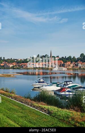 Paesaggio fluviale, Elbtalaue in bassa Sassonia, Germania, riserva della biosfera, porto di Hohnstorf con vista sulla città vecchia di Lauenburg in Schleswig-Holstein, formato ritratto Foto Stock