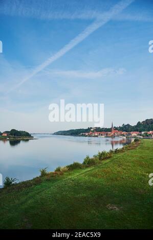 Paesaggio fluviale, Elbtalaue in bassa Sassonia, Germania, riserva di biosfera, vista della città vecchia Lauenburg in Schleswig-Holstein, formato ritratto Foto Stock