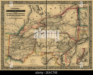 Nuova mappa ferroviaria degli stati medi tra cui New York, New Jersey, Pennsylvania, Delaware, Maryland, Ohio e Canada; disegnata, incisa e pubblicata da G. Woolworth Colton. Foto Stock