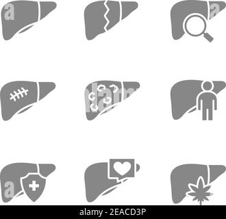 Set di icone grigie del fegato umano. Organo interno sano, malattia dell'organo digestivo accessorio, diagnosi, simbolo del trattamento Illustrazione Vettoriale