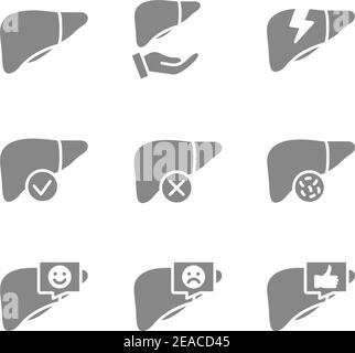 Set di icone grigie del fegato umano. Organo digestivo accessorio sano, malattia interna degli organi, controllo della salute, simbolo del trattamento Illustrazione Vettoriale