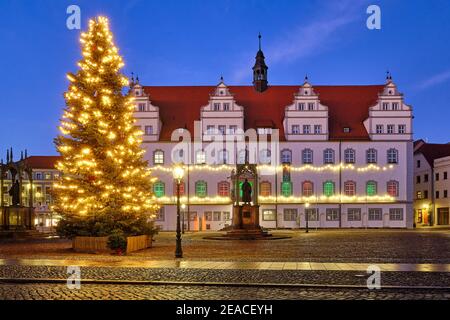 Piazza del mercato con l'albero di Natale e il municipio a Luherstadt Wittenberg, Sassonia-Anhalt, Germania Foto Stock