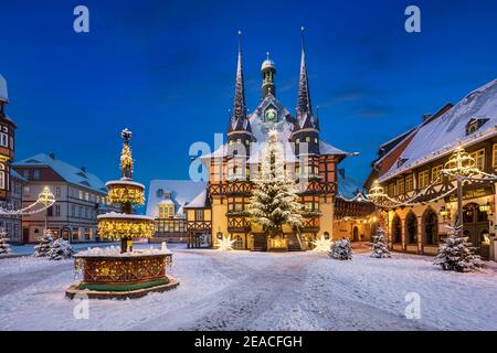 Decorazioni natalizie di fronte al Municipio di Wernigerode, Germania Foto Stock