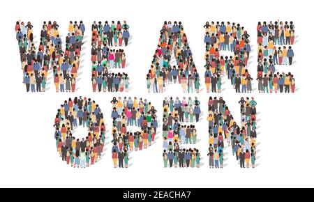 Siamo banner tipografici aperti. Grande gruppo di persone che si levano in piedi insieme, immagine vettoriale piatta. Riapertura aziendale. Illustrazione Vettoriale