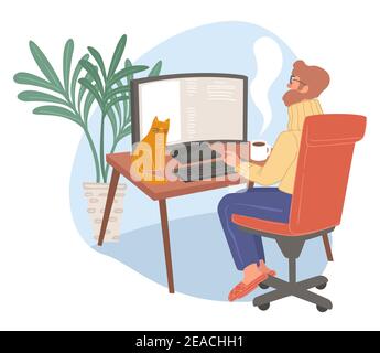 Freelance che lavora da casa utilizzando un vettore informatico Illustrazione Vettoriale