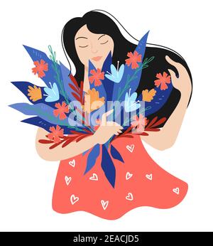 Donna asiatica che tiene in mano bouquet di fiori Illustrazione Vettoriale