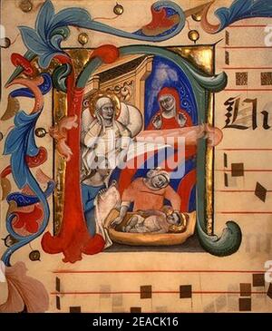 Niccolò da Bologna - nascita di Giovanni Battista, in miniatura sul vellum, tardo XIV sec. Foto Stock